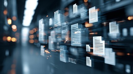 Holographic document card floating above server aisle, representing enterprise content management, digital data flow and information security in a data center.