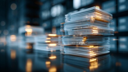Stack of document on desk with blurred file shelf background symbolizing record retention content strategy and organized document lifecycle management.