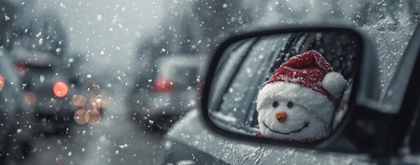 Snowman wearing Santa hat in car side mirror on snowy day