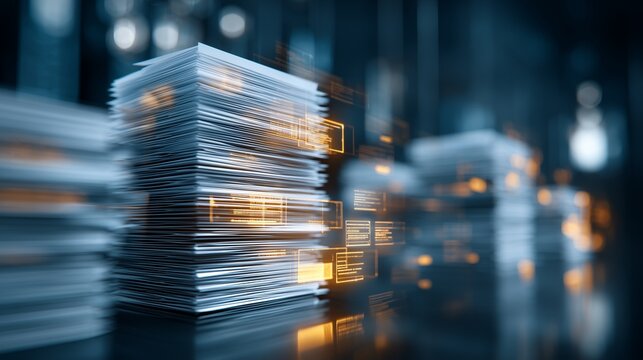 Stack of document file with glowing data node representing enterprise content management and digital asset management workflow.