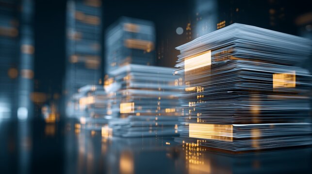 Stack of digital document with glowing data nodes representing compliance policy records management and secure audit trail.