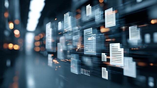 Holographic document card floating above server aisle, representing enterprise content management, digital data flow and information security in a data center.