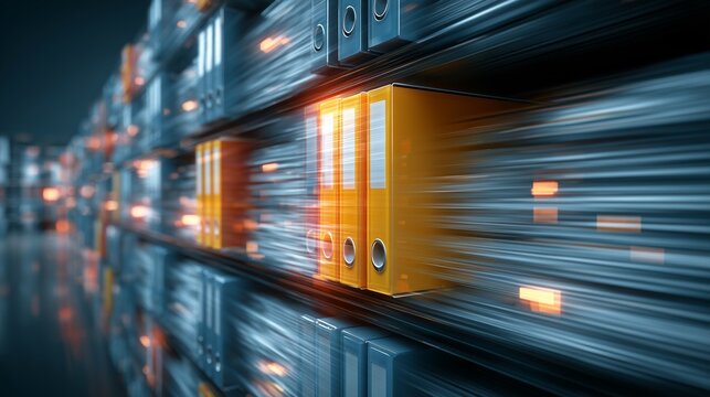 Row of glowing binders on shelf representing enterprise content management, digital asset organization and legal hold for compliance and e-discovery.