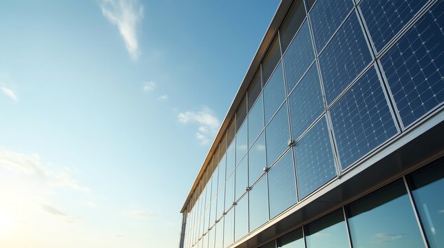 Modern building with solar panels and blue sky