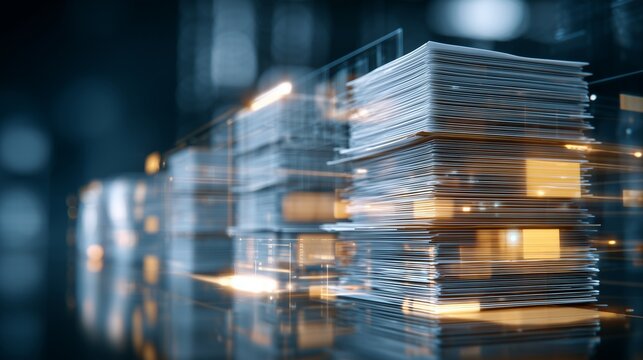 Stack of document file on server room background symbolizing enterprise content management ecm compliance audit and secure record governance.