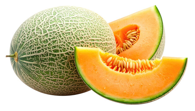 A whole cantaloupe with two juicy cut slices