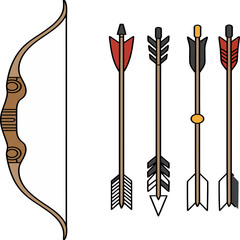 Colorful arrows and a wooden bow illustrated in a clean, stylized design emphasizing traditional archery elements.