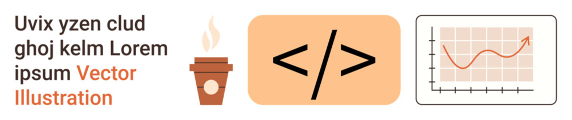 Software development, data analysis, technology, coding, team productivity, business growth. Code symbol with coffee and line chart. Software development and data analysis concept