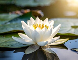Close-up of a pure white water lily with yellow center, floating on pond water