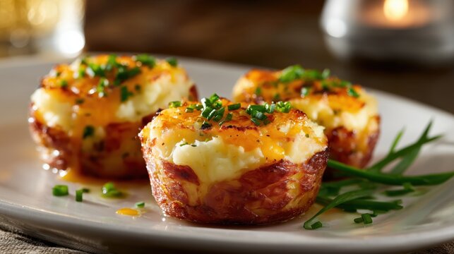 Stuffed mashed potato nests with chives and melted cheese