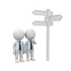 Two businessmen deciding direction at crossroads isolated on transparent background