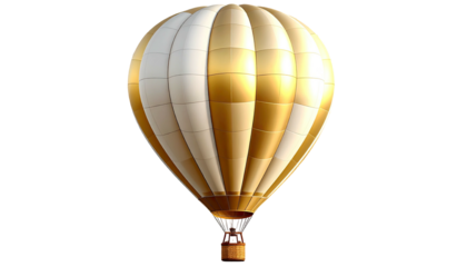A detailed, isolated image of a golden and white striped hot air balloon