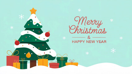 festive green and white christmas tree with gifts, golden star and snowflakes on light blue background merry christmas greeting