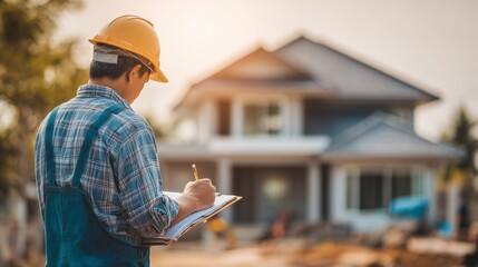 Inspector in hardhat with clipboard reviewing residential construction site for safety compliance audit.