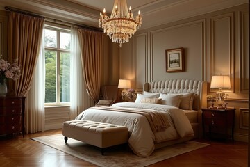 Luxury classic bedroom interior with elegant chandelier and warm lighting