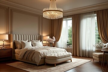 Luxury classic bedroom interior with elegant chandelier and warm lighting