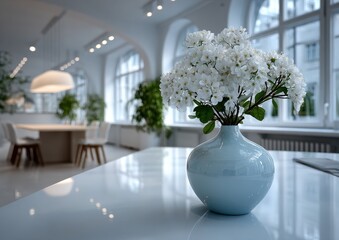 White flowers in vase on table in bright modern office interior