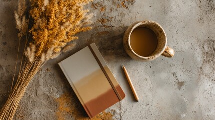 Minimalist workspace flat lay with raw concrete desk, pampas grass planner and earthy ceramic mug in warm ochre palette