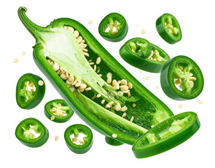 Fresh green pepper, sliced and whole, with seeds. Isolated on black