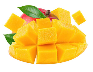Diced ripe mango, vibrant yellow, with leaves and partial fruit