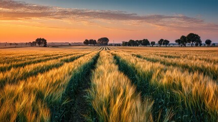 Expansive countryside scene bathed in sunset glow among corn rows