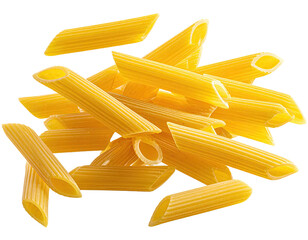 Close-up of dried penne pasta, some overlapping, against black