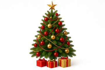 Obraz premium Decorated christmas tree with red and gold ornaments and gift boxes isolated on white background