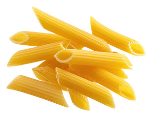 Yellow tubular pasta in a pile, shot against a black background