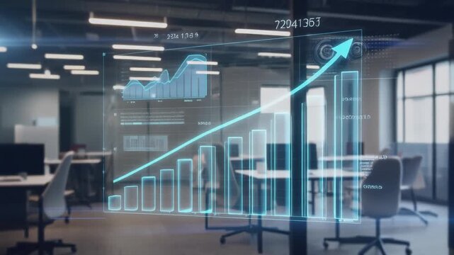 Futuristic glowing graph overlayed on a modern office space showing upward growth and data analytics