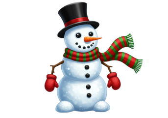 Adorable anthropomorphic snowman in a tilted top hat, red and green scarf, and mittens, smiling broadly against a transparent background with copy space and soft bokeh. concept for a happy holiday