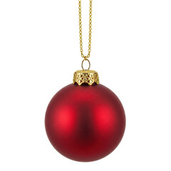 Macro close-up of a luxurious deep crimson matte spherical christmas ornament with an ornate filigreed 18k gold cap and chain, isolated on a transparent background. concept of minimalist holiday