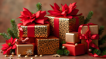 Trendy Holiday Presents Stacked with Gold and Red Festive Decor