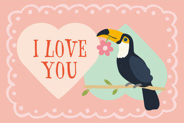 Cute toucan illustration for valentine's day.