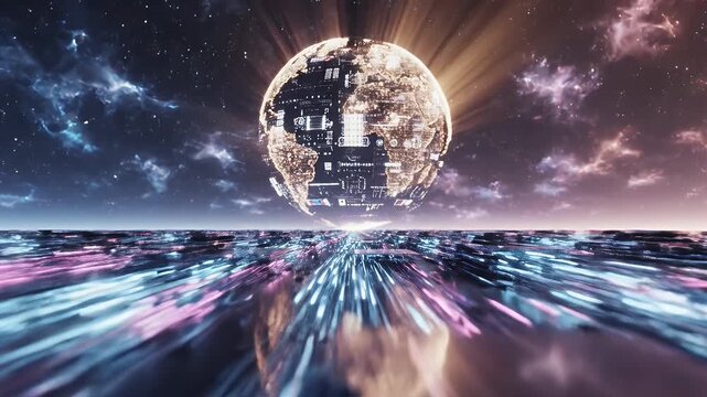 Glowing digital globe constructed of circuit boards floats above a high speed information highway in deep space filled with colorful nebulae.