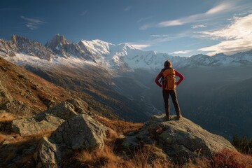 Female hiker on a mountain ridge enjoying a panoramic alpine view at golden hour
