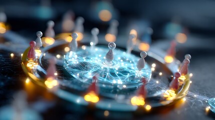 Glowing leadership nodes positioned above central governance hub, board responsibility concept