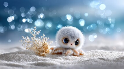 Obraz premium Cute fluffy octopus character sitting on sand beach