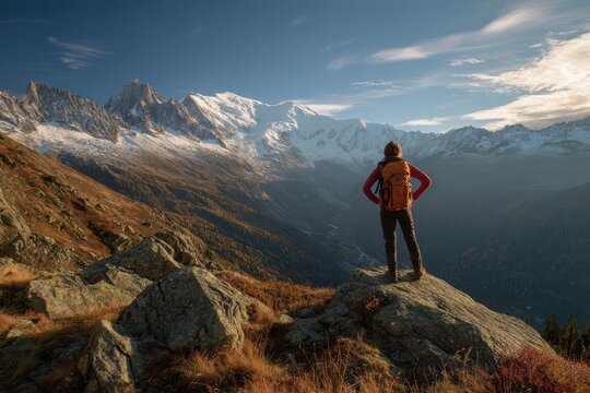 Female hiker on a mountain ridge enjoying a panoramic alpine view at golden hour - Powered by Adobe