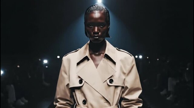 Elegant dark-skinned model in trench coat walks dramatic fashion runway under spotlight with sparkling effects for luxury style concept and exclusive show