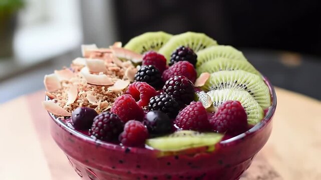 Slow rotating cinematic shot of vibrant dragon fruit smoothie bowl with berries, kiwi, coconut on rustic wooden table