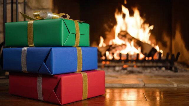 Stacked Christmas Presents With Gold Ribbon Against Warm Fireplace, Holiday Decoration