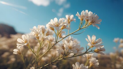 Delicate White Wildflowers Blooming in a Sunny Field Under a Blue Sky Keywords: wildflowers, white, flowers, blooming, field, nature, spring