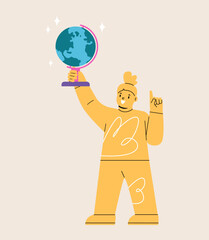 Happy girl holding a globe. Colorful vector illustration