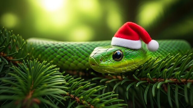 Festive green tree python wearing a tiny santa hat in lush foliage