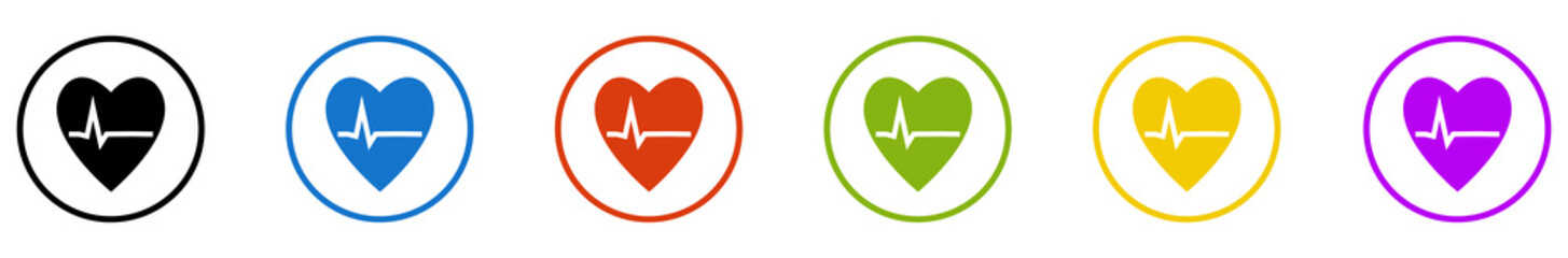 Banner mit 6 farbigen Icons im Kreis: Gesundheit, Check oder Herz