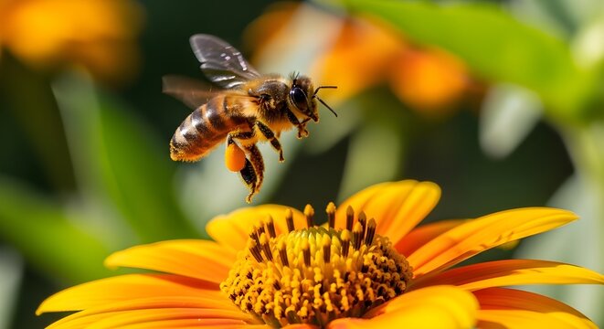 Honeybee in flight approaching a bright orange flower