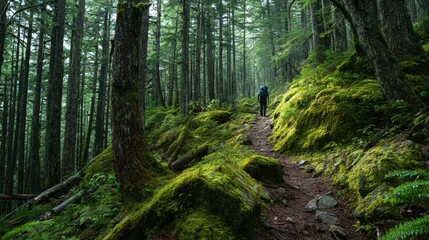 Forested path through shadowy evergreens with rich green tones and a sense of discovery