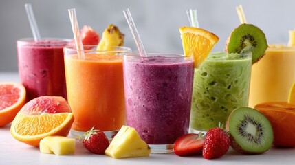 Fresh fruit smoothies with citrus and tropical fruits in glass cups