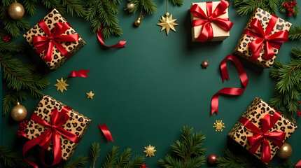 Animal Print Presents and Festive Ornaments Border