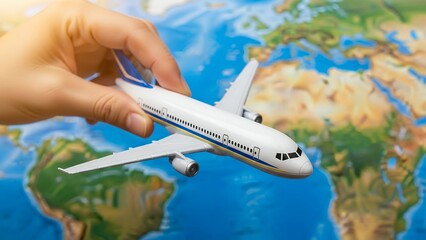 Hand holds white toy airplane above colorful world map symbolizing travel
